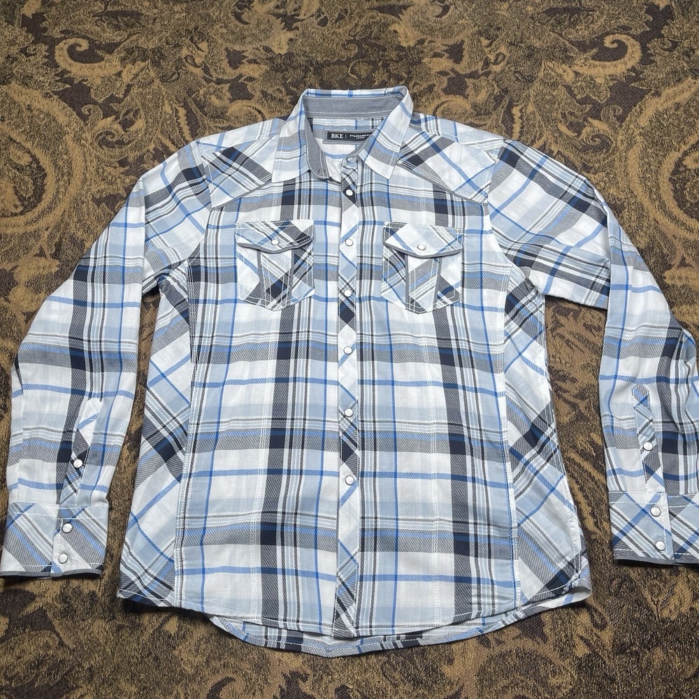 Vtg Y2K Buckle Shirt BKE Mens Size Large Western Pearl Snaps Long Sleeve Plaid